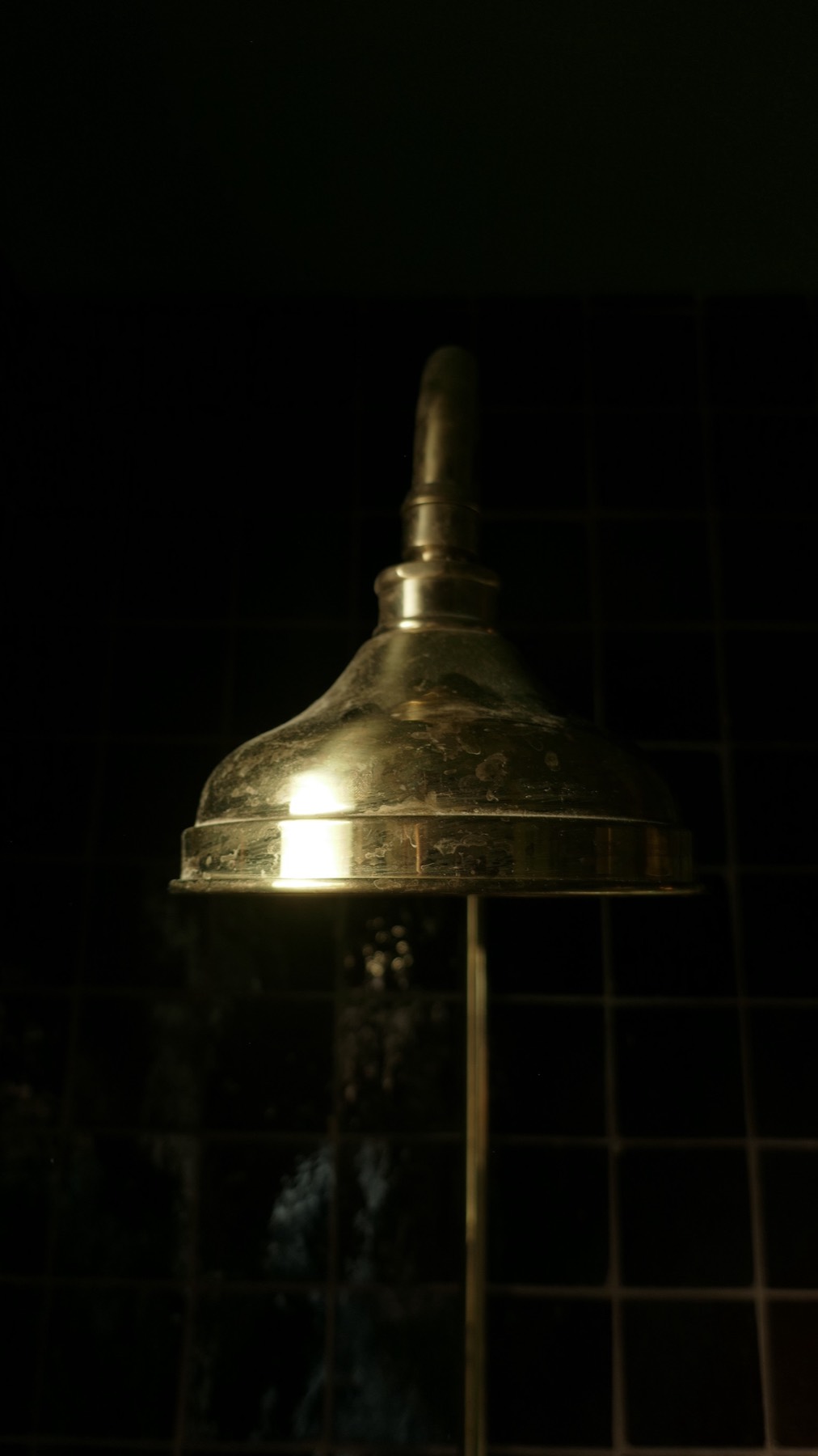 An aged-brass showerhead detail