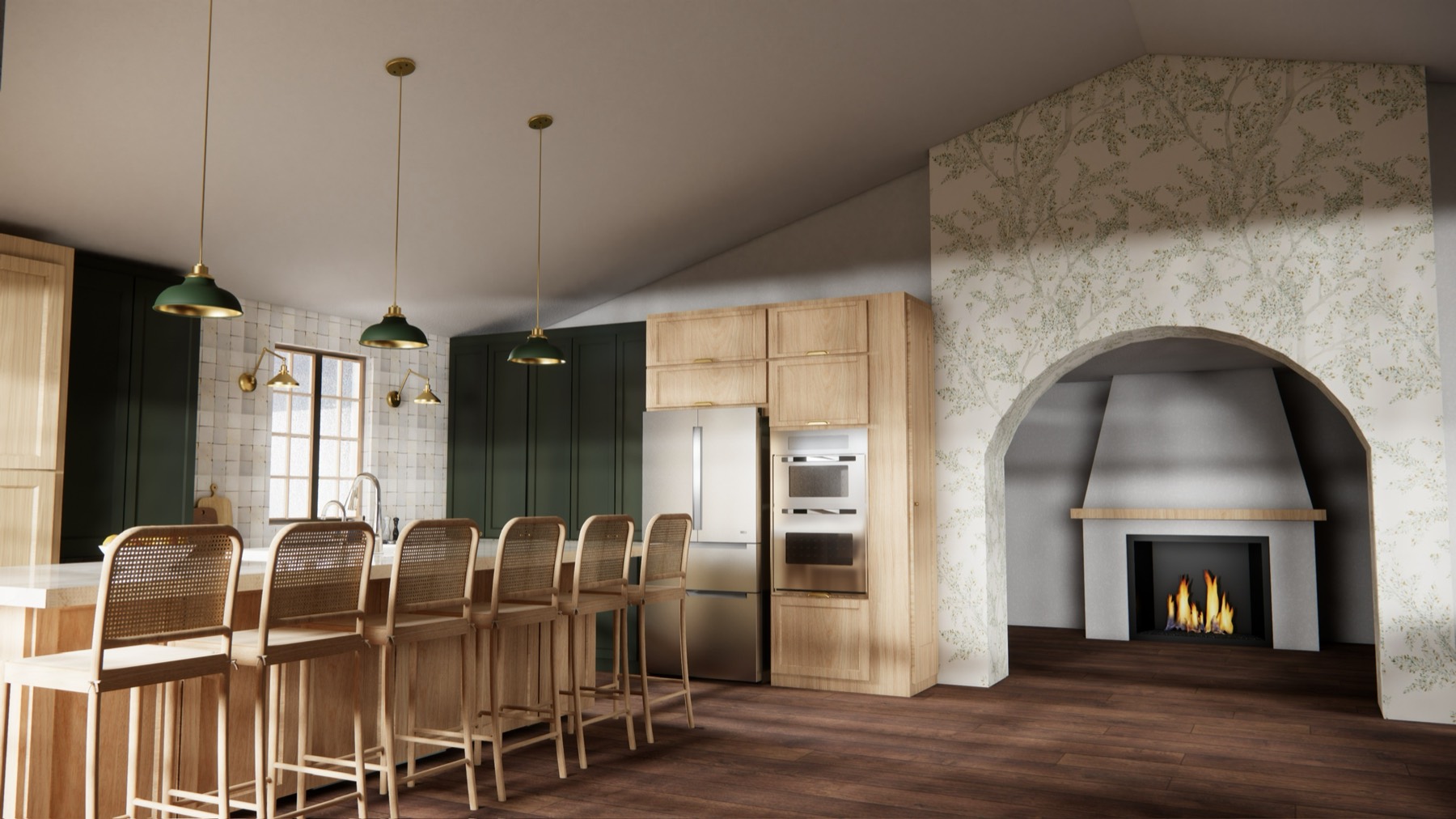 3D render of the kitchen and dining room