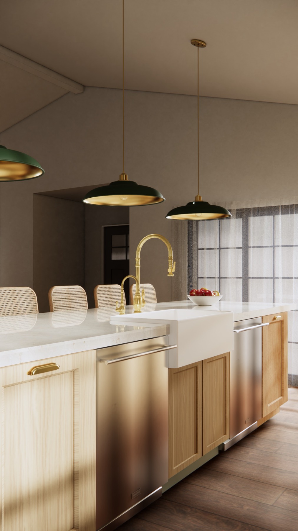3D render of the kitchen island and farmhouse sink