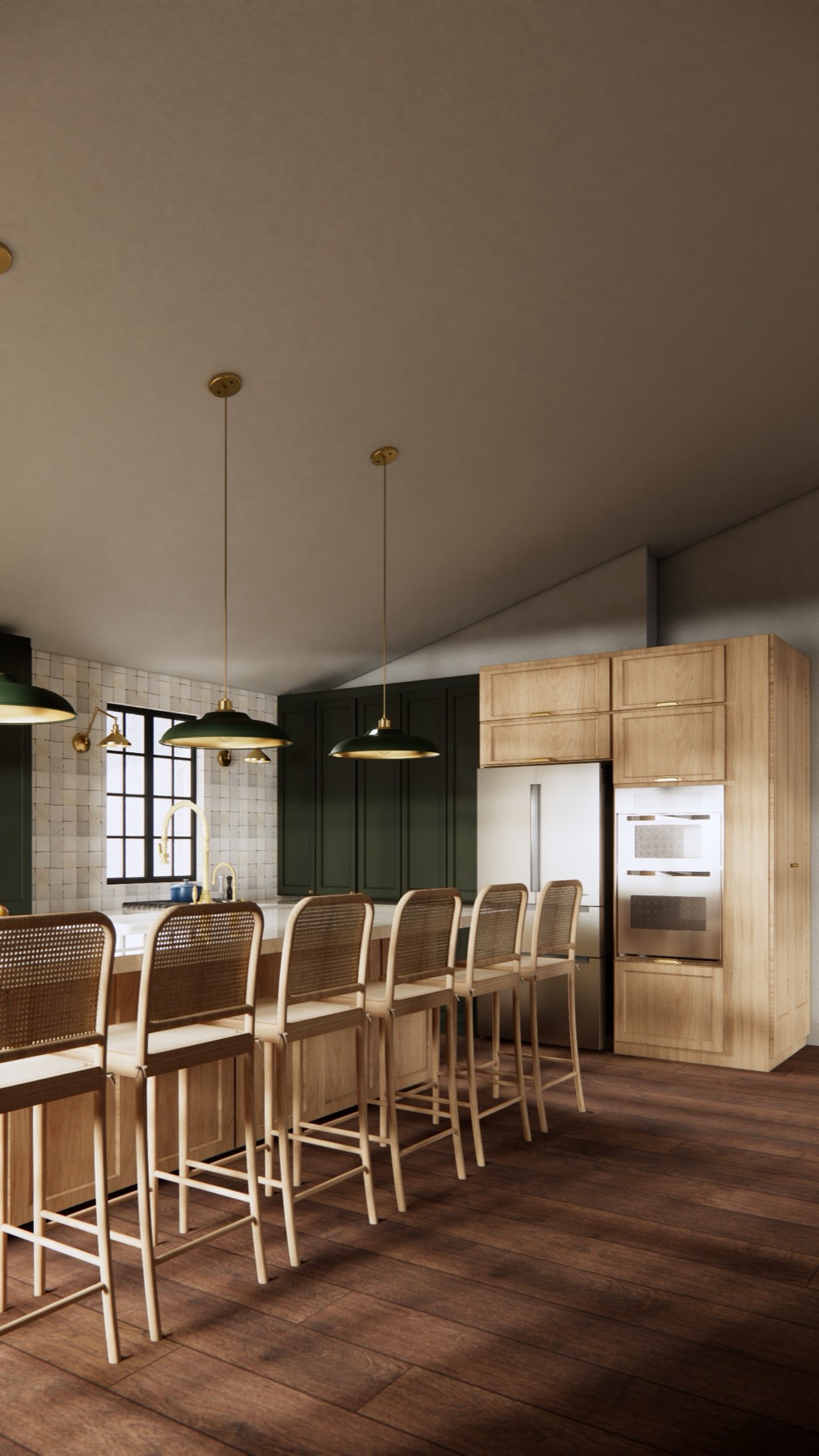 3D render of the kitchen island and stools