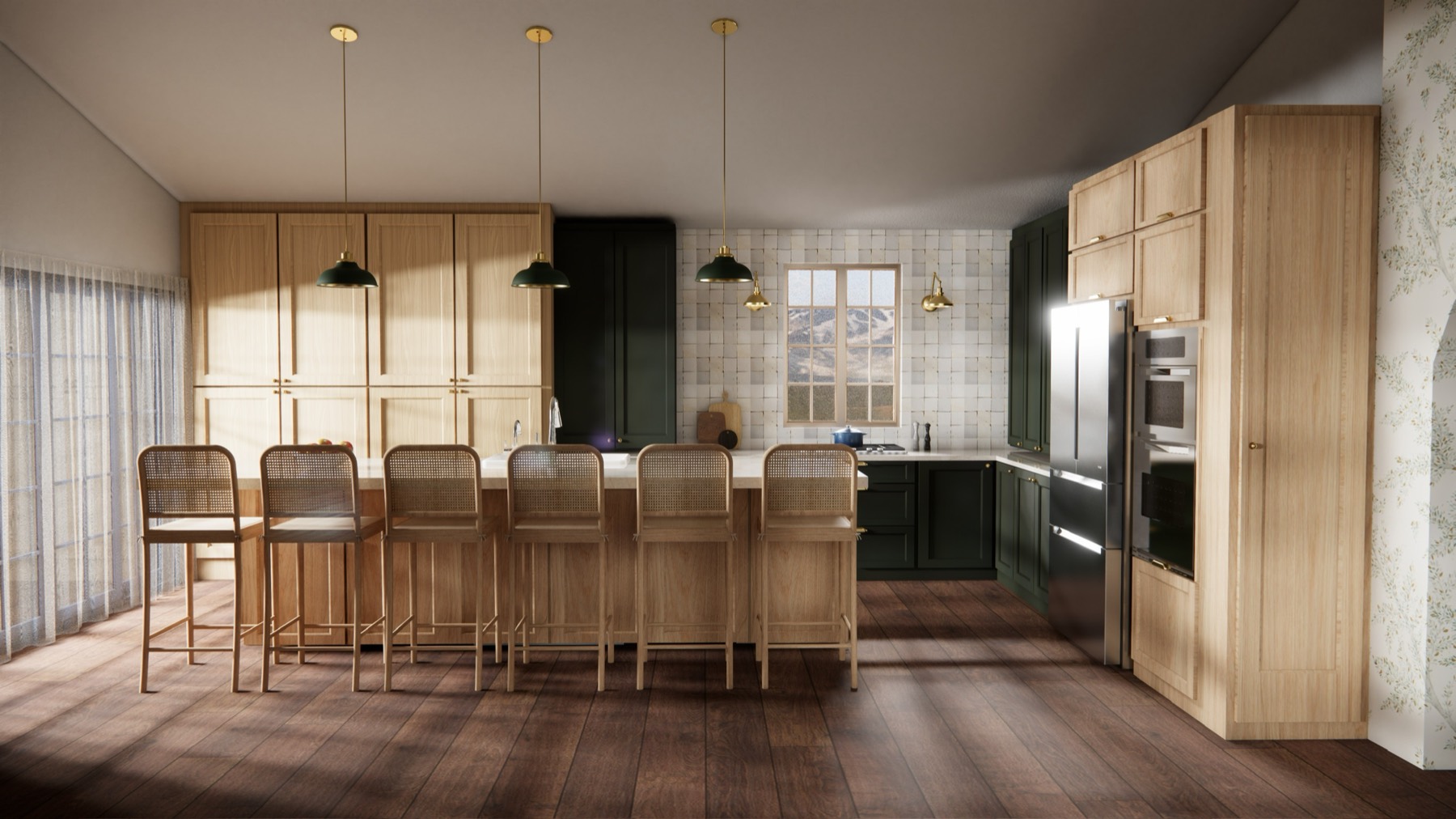 3D render of the oak kitchen cabinetry