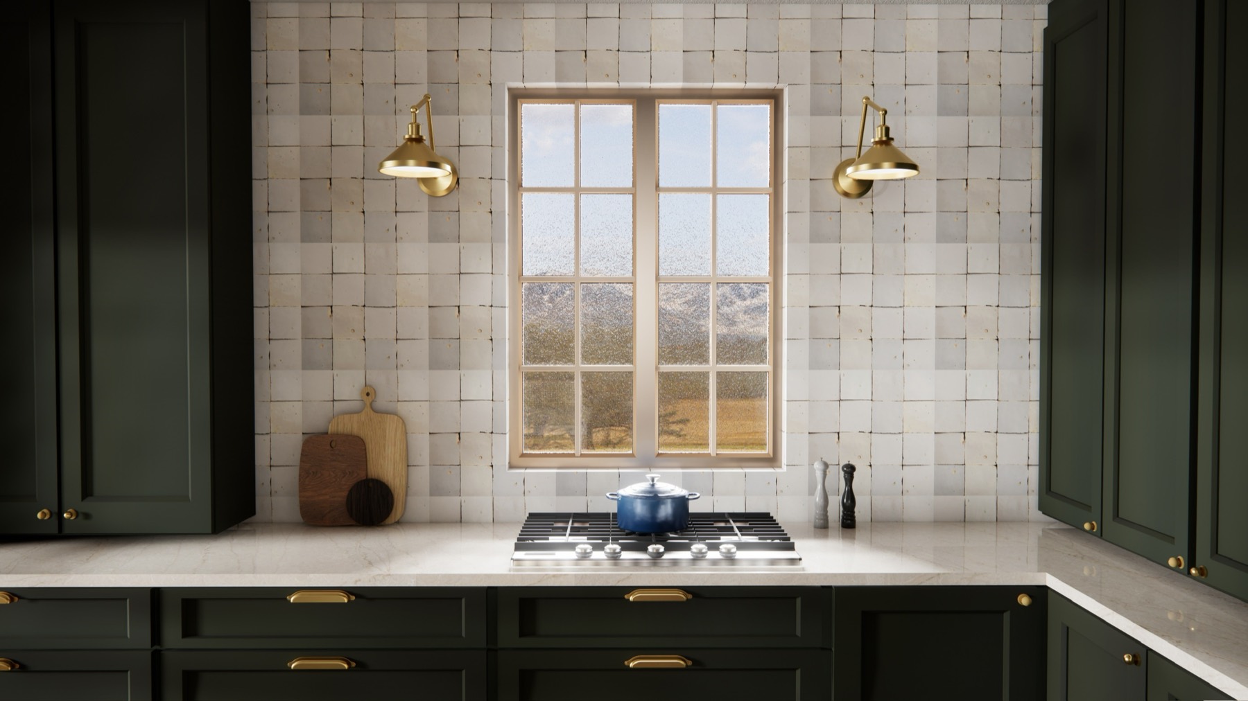 3D render of the kitchen cooktop and window