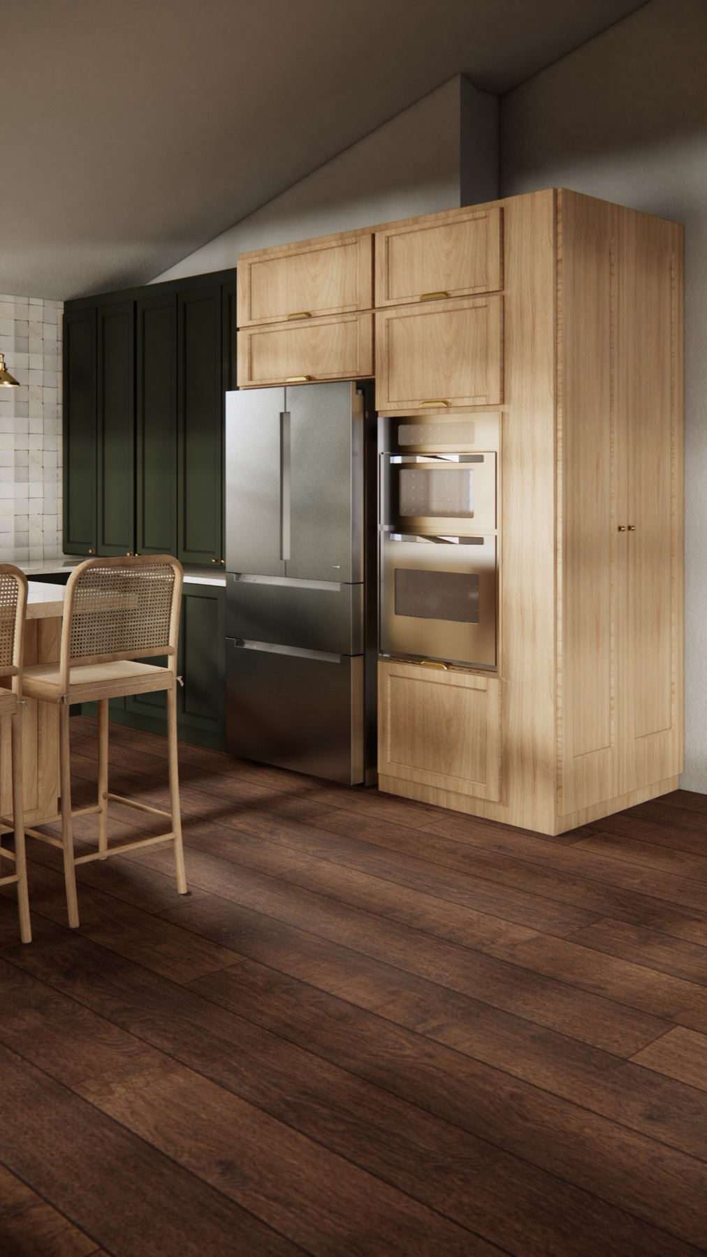 3D render of the kitchen with fridge and ovens