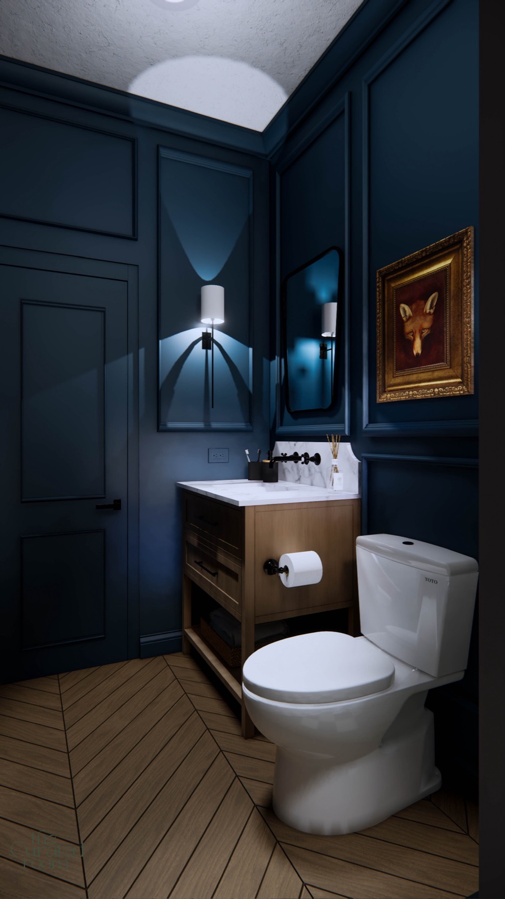 3D render of the navy powder room