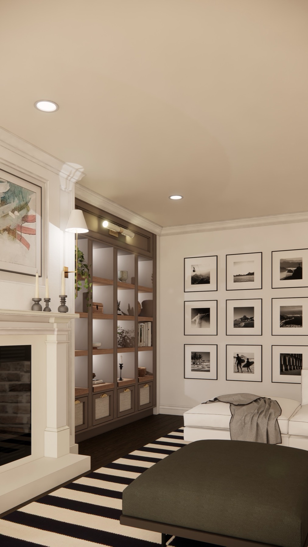 A photorealistic 3D rendering of a living room