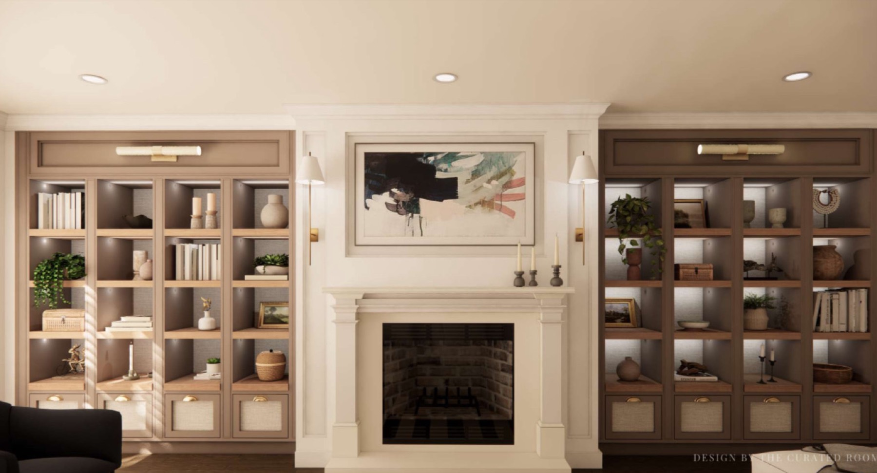 3D render of the fireplace and built-ins
