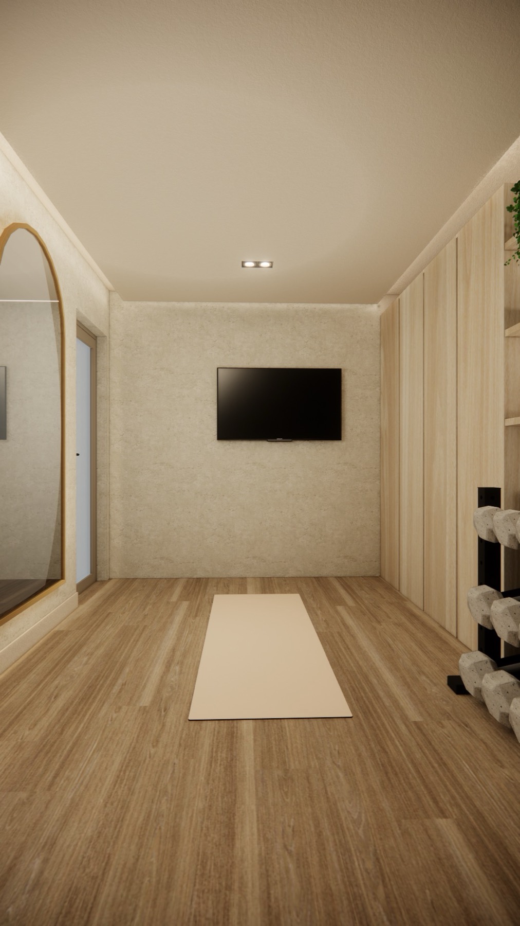 3D render of the gym mirror and weights